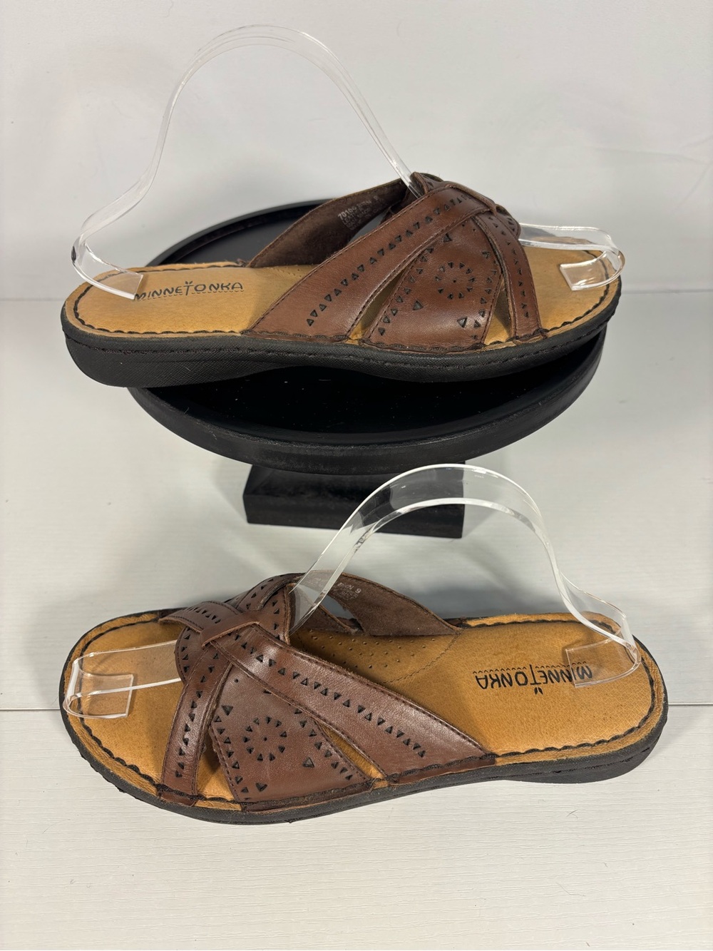 Minnetonka Leandra Leather Slide Sandals Brown Boho Comfort Size 9